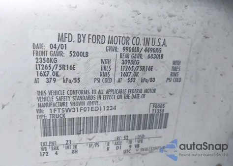 2001 Ford F-350 Lariat/Xl/Xlt z USA, uszkodzony, nr VIN 1FTSW31F01ED11234